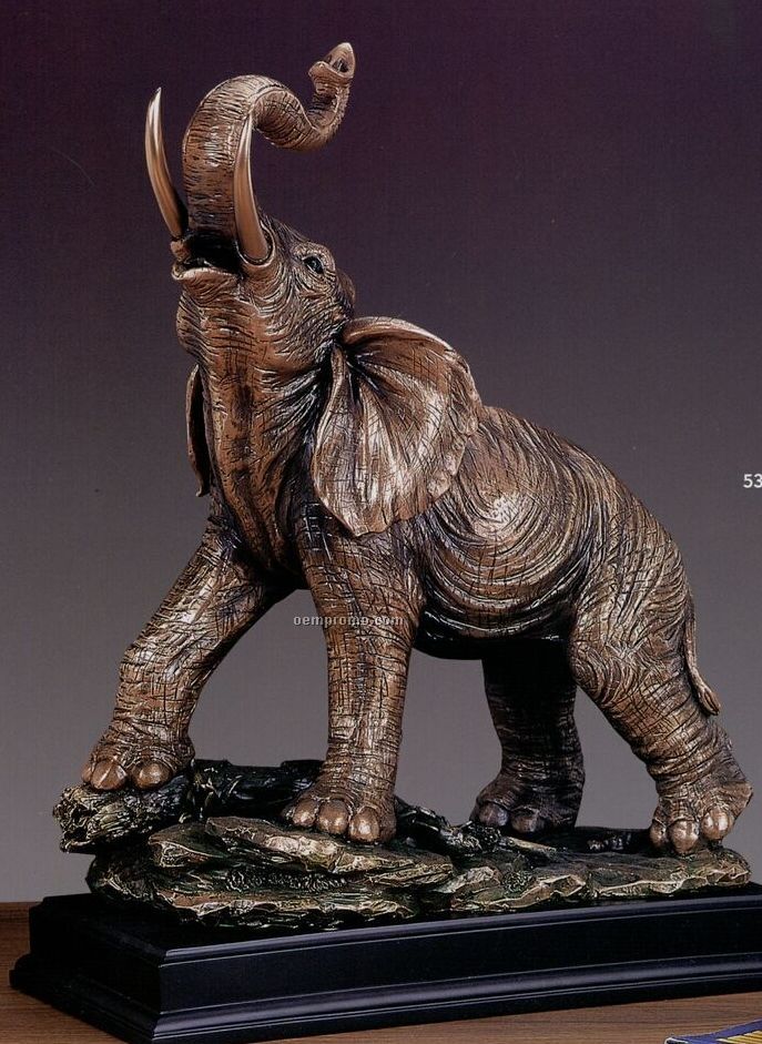 Brown Textured Elephant W/ Raised Trunk Trophy - Rectangle Base (14.5"X19")