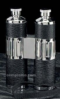 Stainless Steel & Black Leather Flask - Binoculars (2 - 6 Oz. Containers)