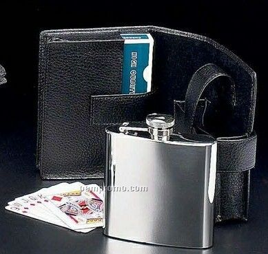 Stainless Steel Flask W/ 2 Decks Of Cards In Black Leather Case