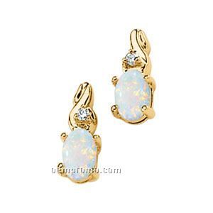 Ladies' 14ky 6x4 Cab Genuine Opal & .03 Ct Tw Diamond Round Earring