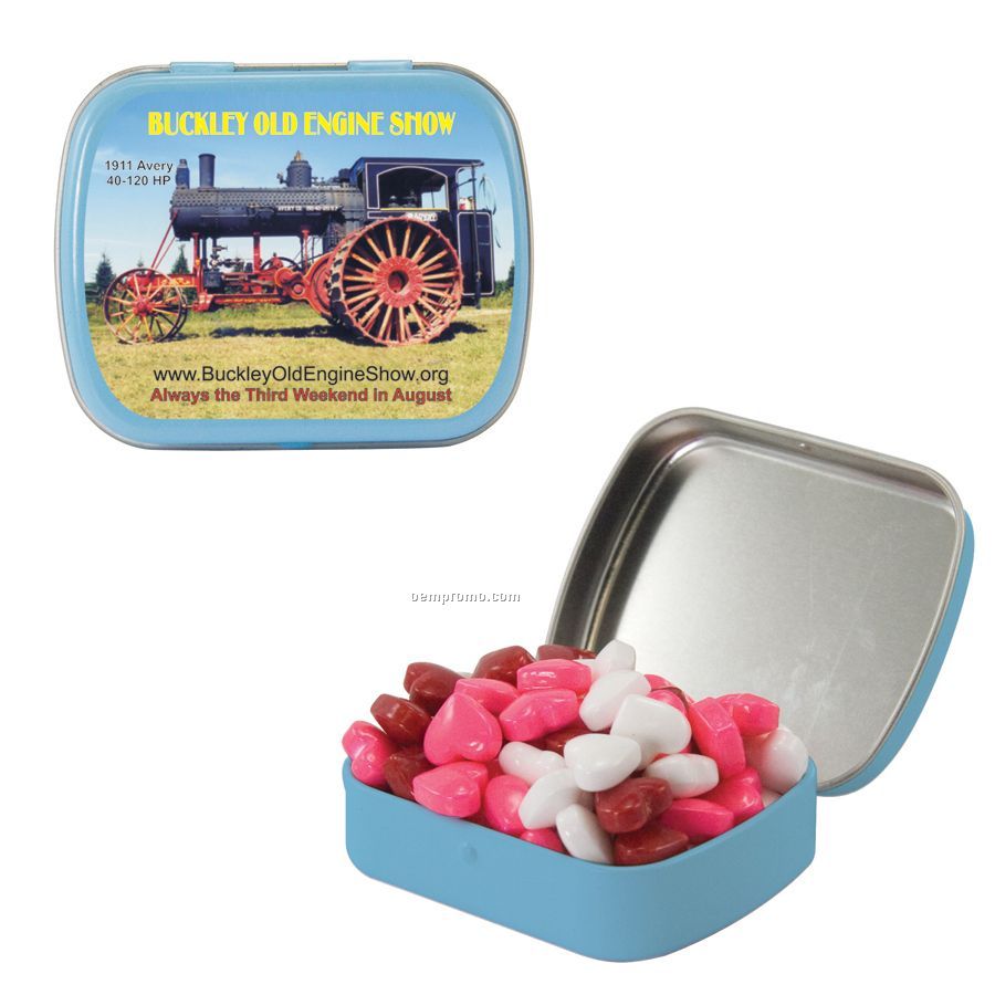 Small Light Blue Mint Tin Filled With Candy Hearts