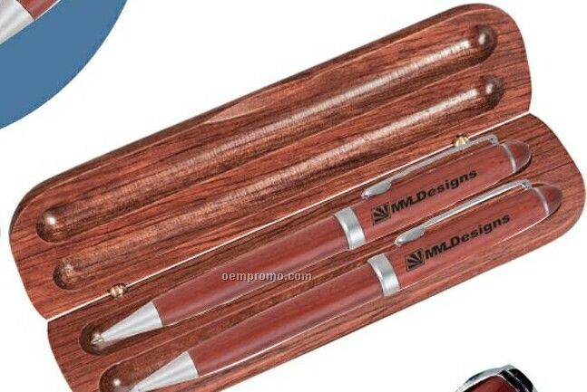 Wood Ballpoint Pen & Pencil Set In Wood Box