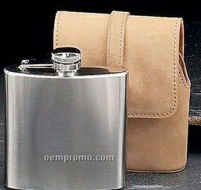 Stainless Steel Flask W/ Brown Suede Leather Carrying Case (5 Oz.)