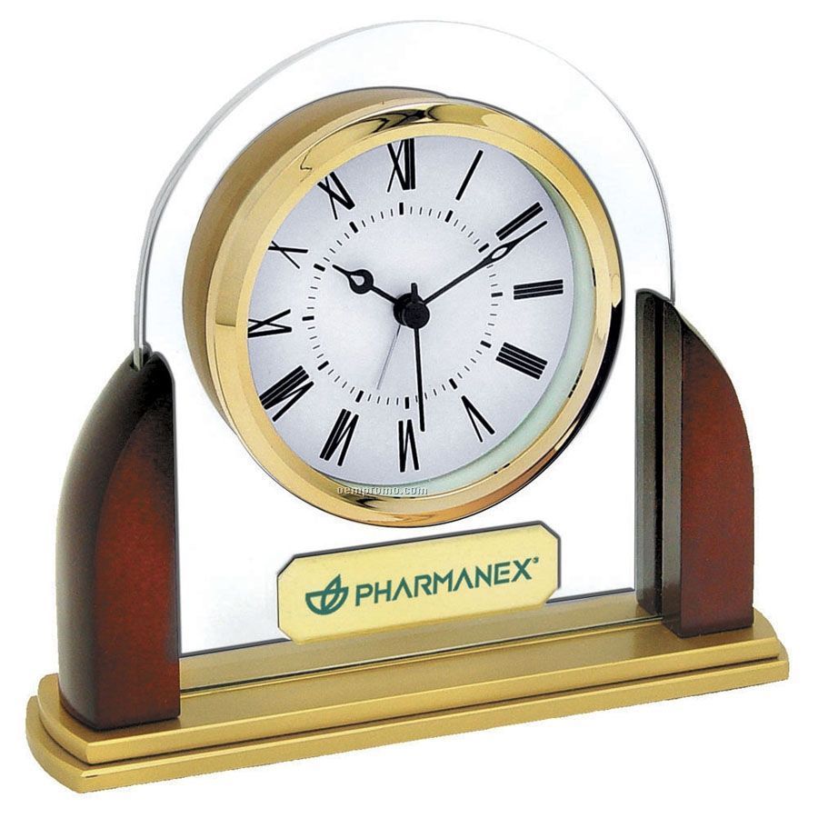 Glass & Wood Alarm Clock With Straight Florentine Base