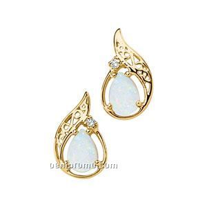Ladies' 14ky 7x5 Cab Genuine Opal & .03 Ct Tw Diamond Round Earring