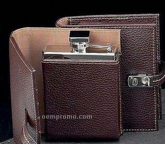Stainless Steel Flask W/ Brown Leather Wallet (5 Oz.)