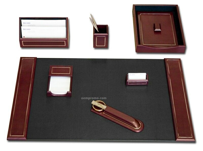 7-piece Burgundy Leather 24 Kt. Gold Tooled Desk Set