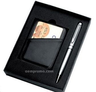 Pen With Money Clip & Leatherette Card Holder
