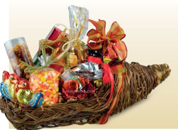 Thanksgiving Cornucopia Holiday Basket W/ Chocolates & Snacks