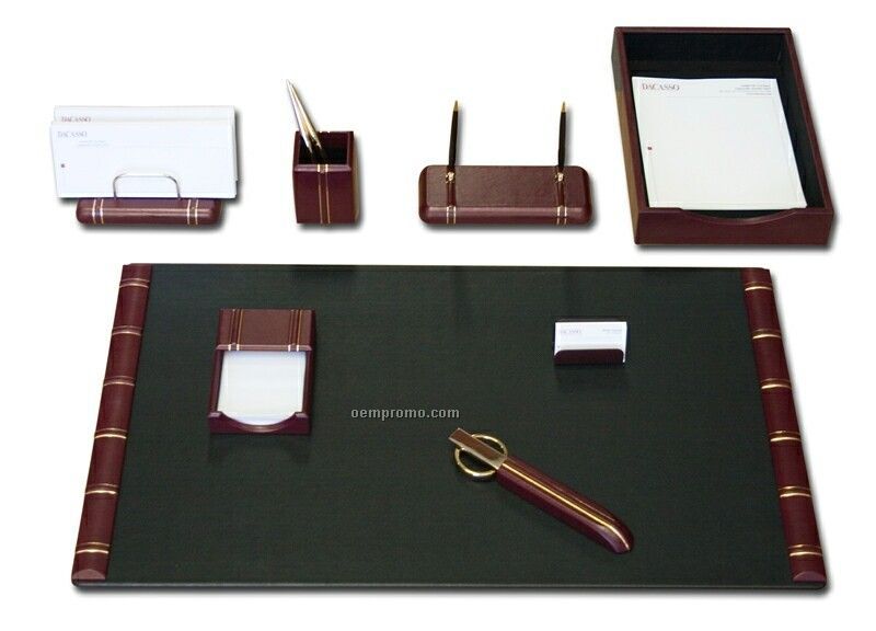 Burgundy Red 8-piece Gold Striped Leather Desk Set