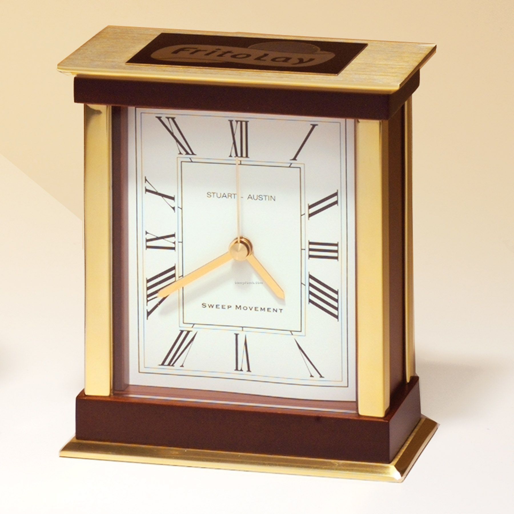Gold Aluminum & Mahogany Finish Case Clock W/ Three Hand Sweep Movement