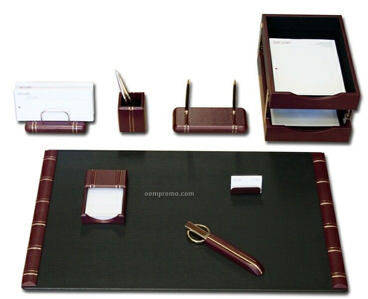 Burgundy Red 10-piece Gold Striped Leather Desk Set
