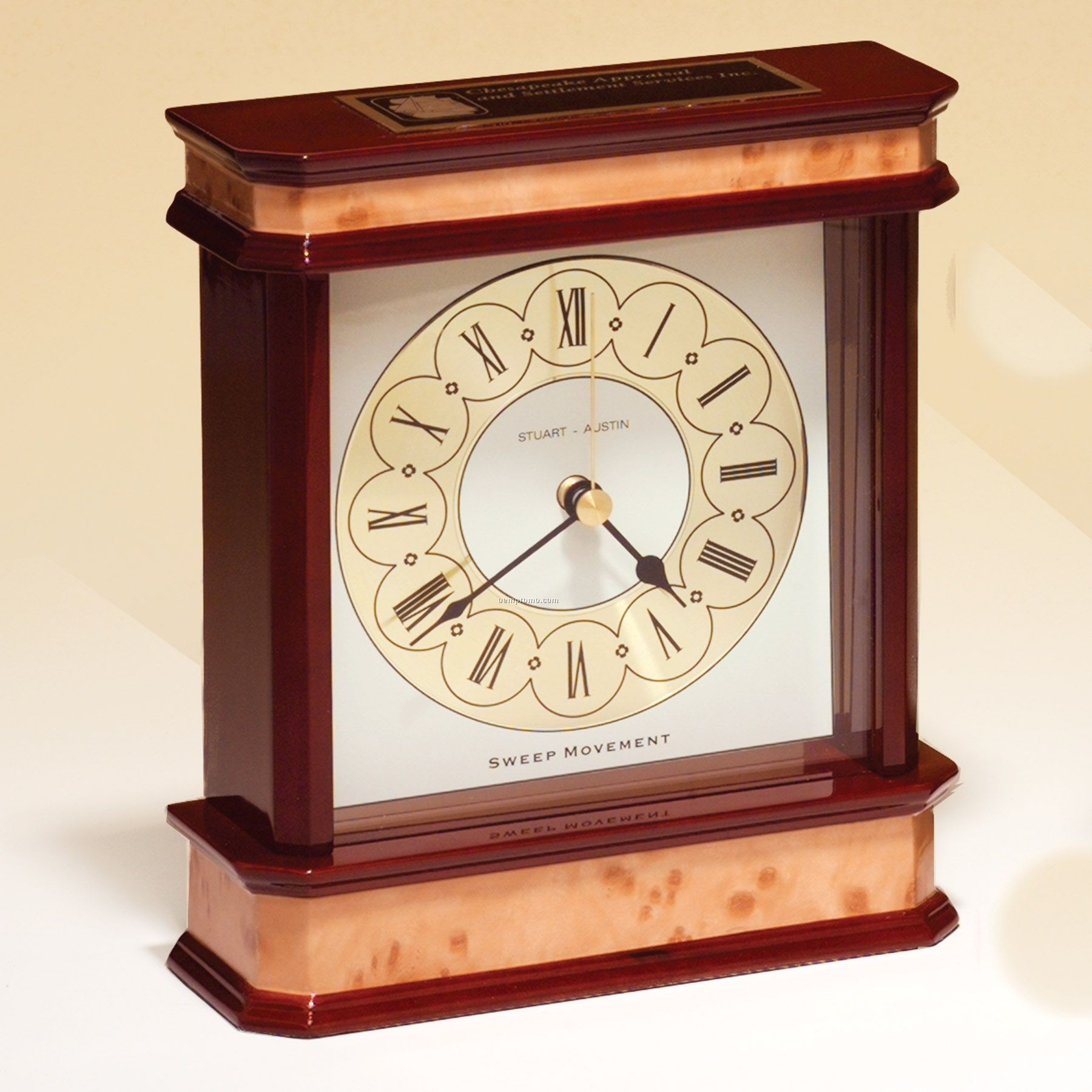High Gloss Mahogany & Burl Finished Mantle Clock W/ Traditional Dial