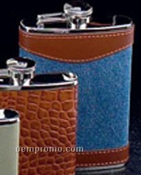 8 Oz. Stainless Steel Brown Leather & Blue Denim Flask