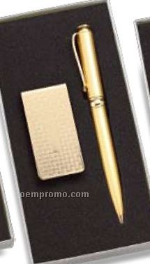 Gold Basket Weave Design Money Clip & Pen Set