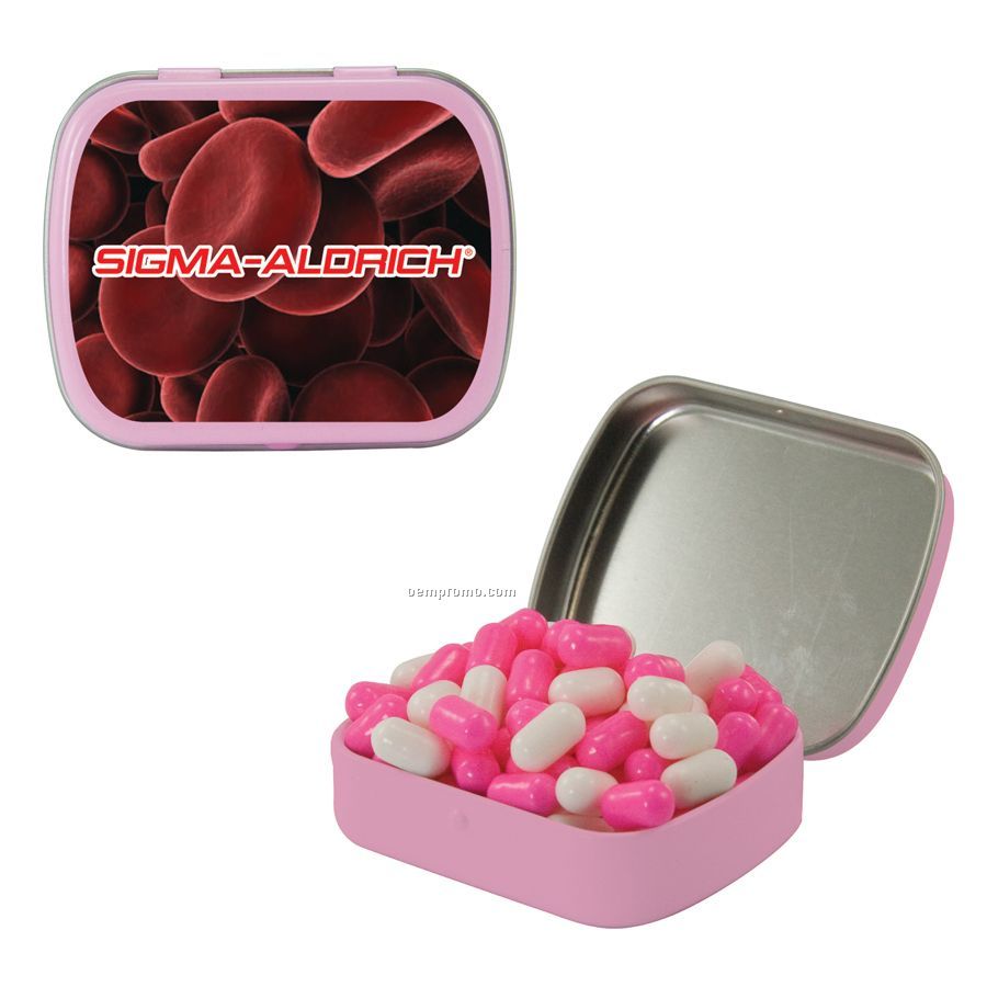 Small Pink Mint Tin Filled With Colored Bullet Candy