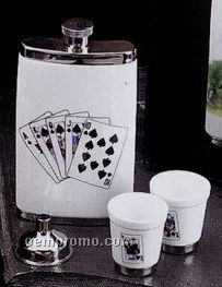 4 Oz. Porcelain Flask W/ 2 Cups & Playing Card Design