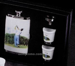 4 Oz. Porcelain Flask W/ 2 Cups & Golf Design