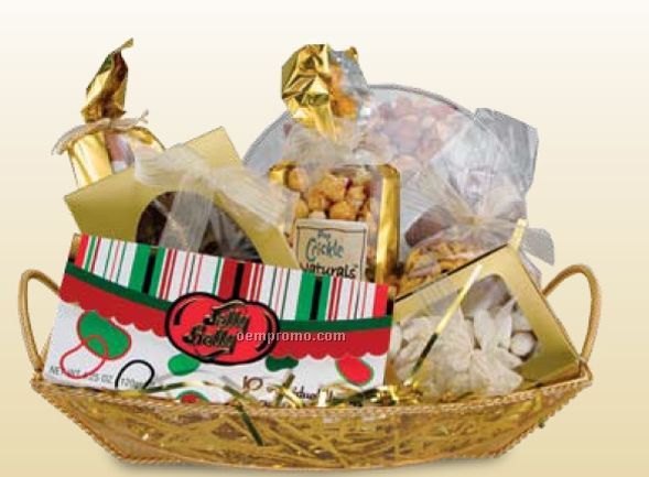Gold Wire Basket W/ Holiday Chocolates & Snacks (7 Lb.)