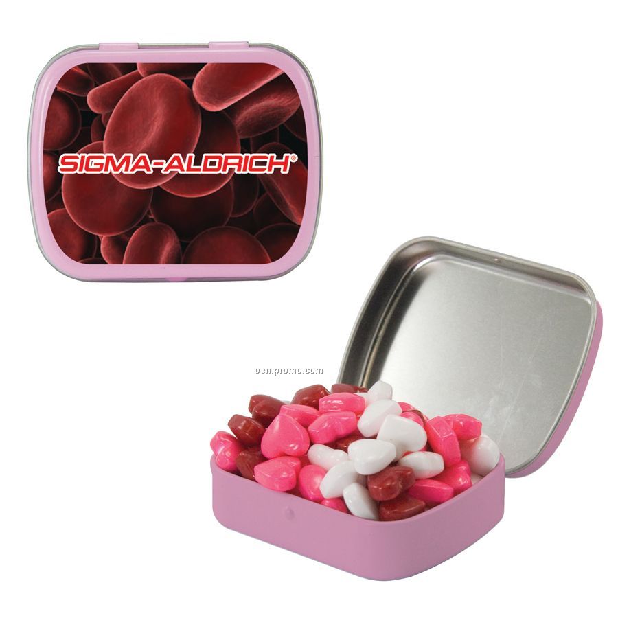Small Pink Mint Tin Filled With Candy Hearts