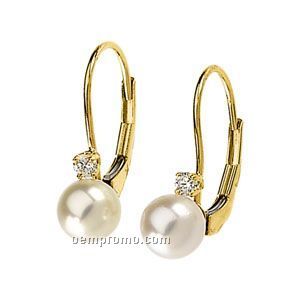 14ky 6mm Cultured Pearl & 1/10 Ct Tw Diamond Round Lever Back Earring