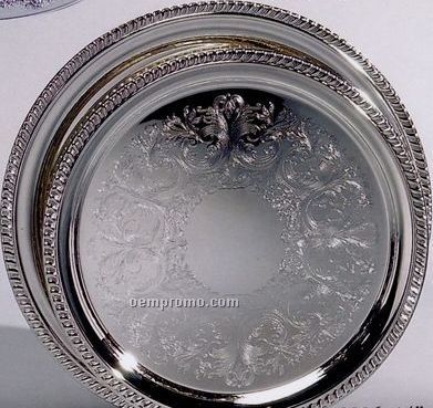 16" Silver Plated Round Gadroon Tray W/ Scroll Edge