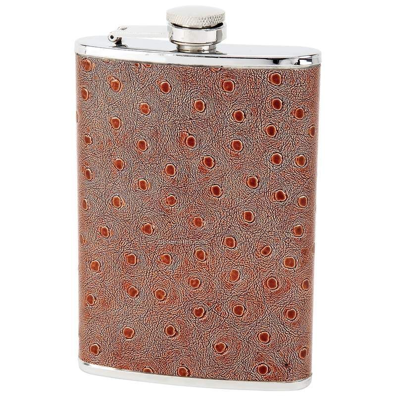 8 Oz. Stainless Steel Flask W/ Faux Ostrich Leather Wrap