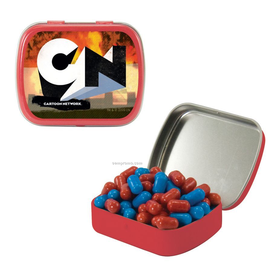 Small Red Mint Tin Filled With Colored Bullet Candy