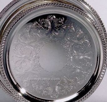 14" Silver Plated Round Gadroon Tray W/ Scroll Edge