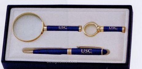 3 Piece Pen/ Key Tag/ Magnifying Glass Gift Set W/ Gold Accents