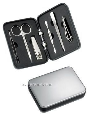 6 Piece Manicure Set In Silver Rosewood Box