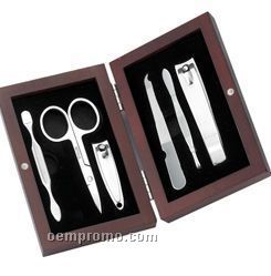 6 Piece Manicure Set In Brown Rosewood Box