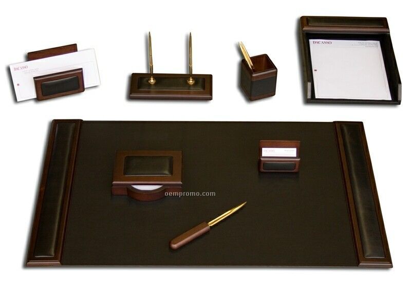 8-piece Wood & Leather Desk Set W/Walnut Brown Trim