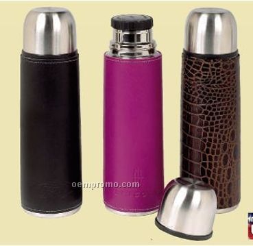 10"X3" Thermos Brand 16 Oz. Vacuum Bottle W/ Winston Wrap (Leather)