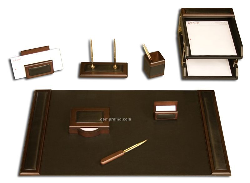 10-piece Wood & Leather Desk Set W/Walnut Brown Trim