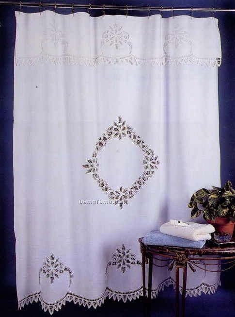 72"X72" White Handmade Shower Curtain With Diamond Battenberg