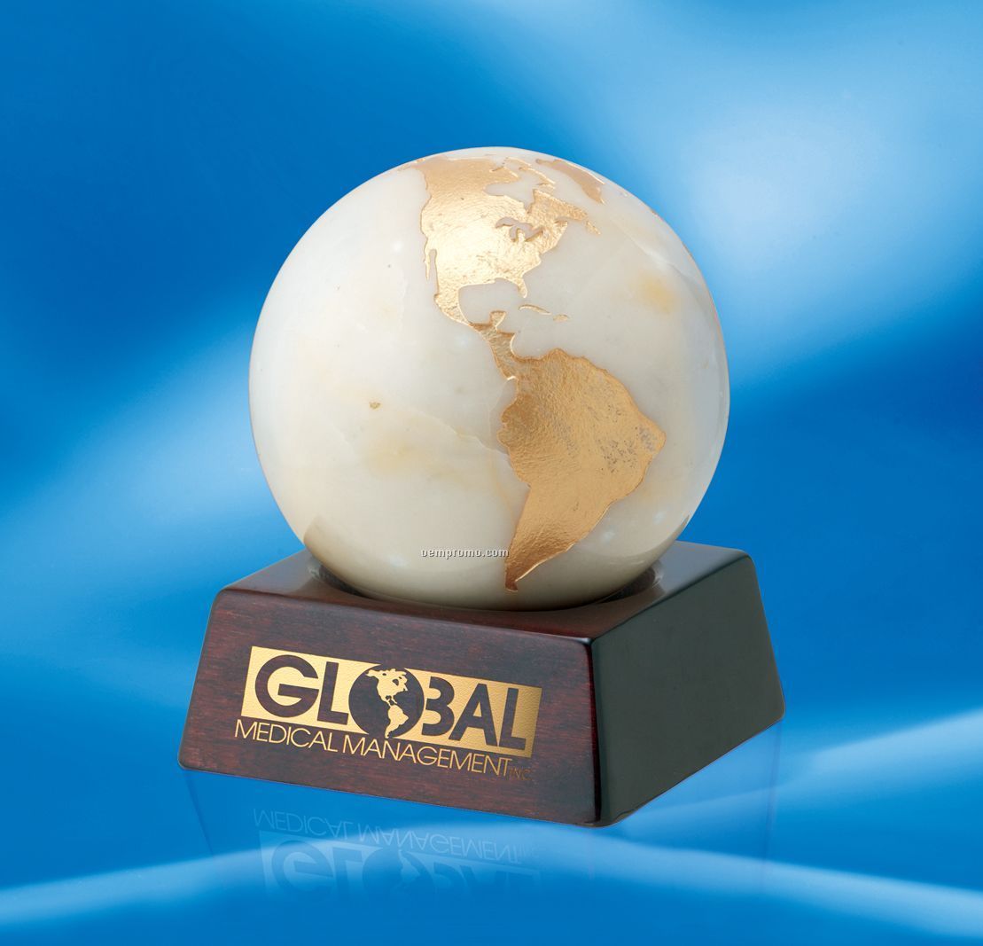 Golden Continents Marble Globe Award With Wood Base (3