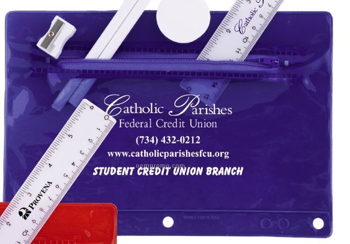 School Kit Pouch With 2 White Pencils, Eraser, Ruler & Sharpener