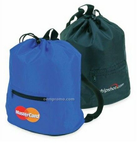 Drawstring Backpack Oval Shape Bottom W/1 Front Zipper Pocket