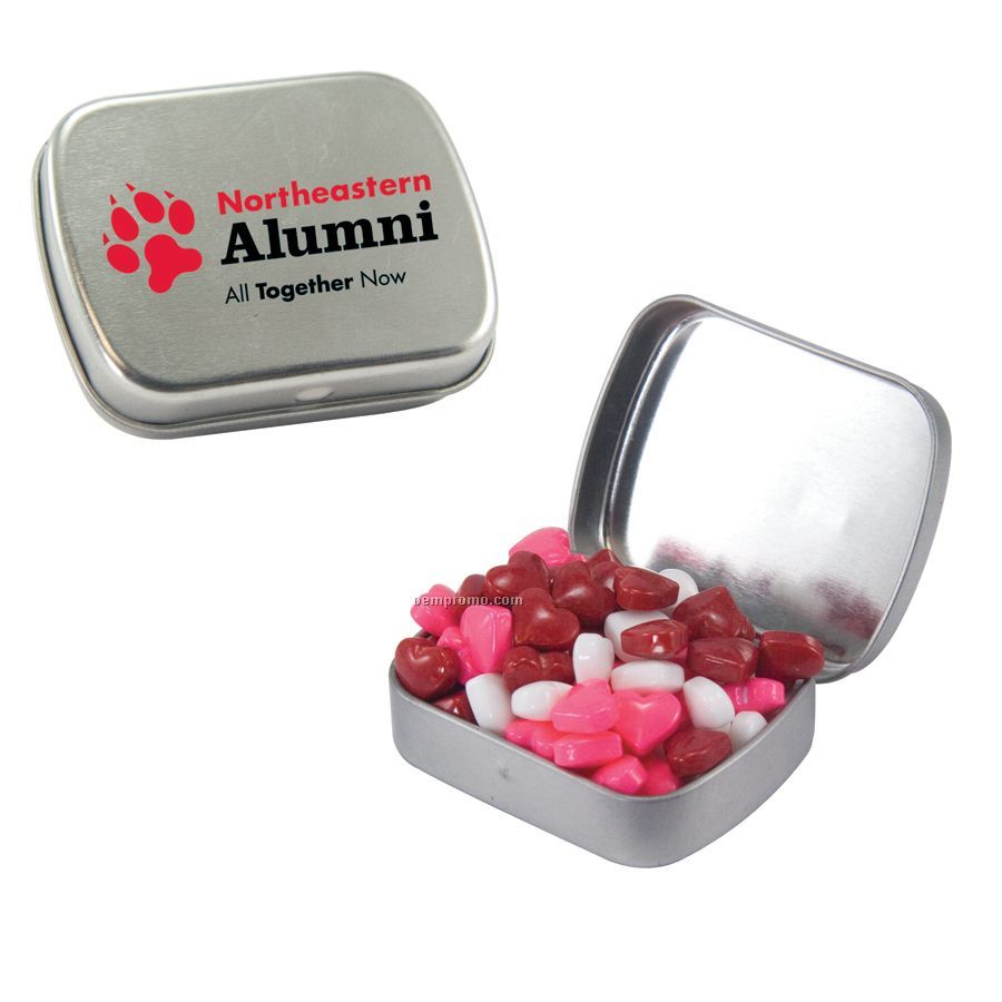 Small Silver Mint Tin Filled With Candy Hearts