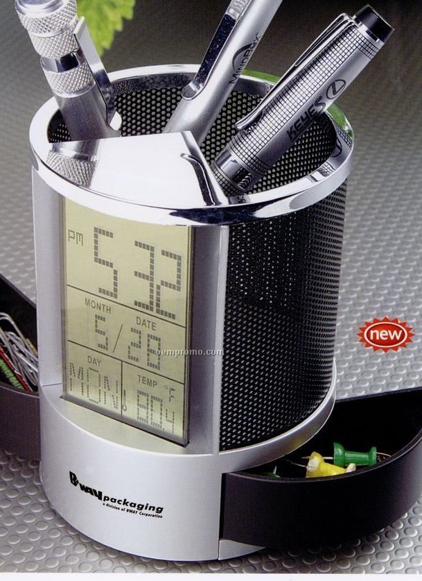 Clock Pen Stand W/ Mesh & Temperature, Day, Date & Display