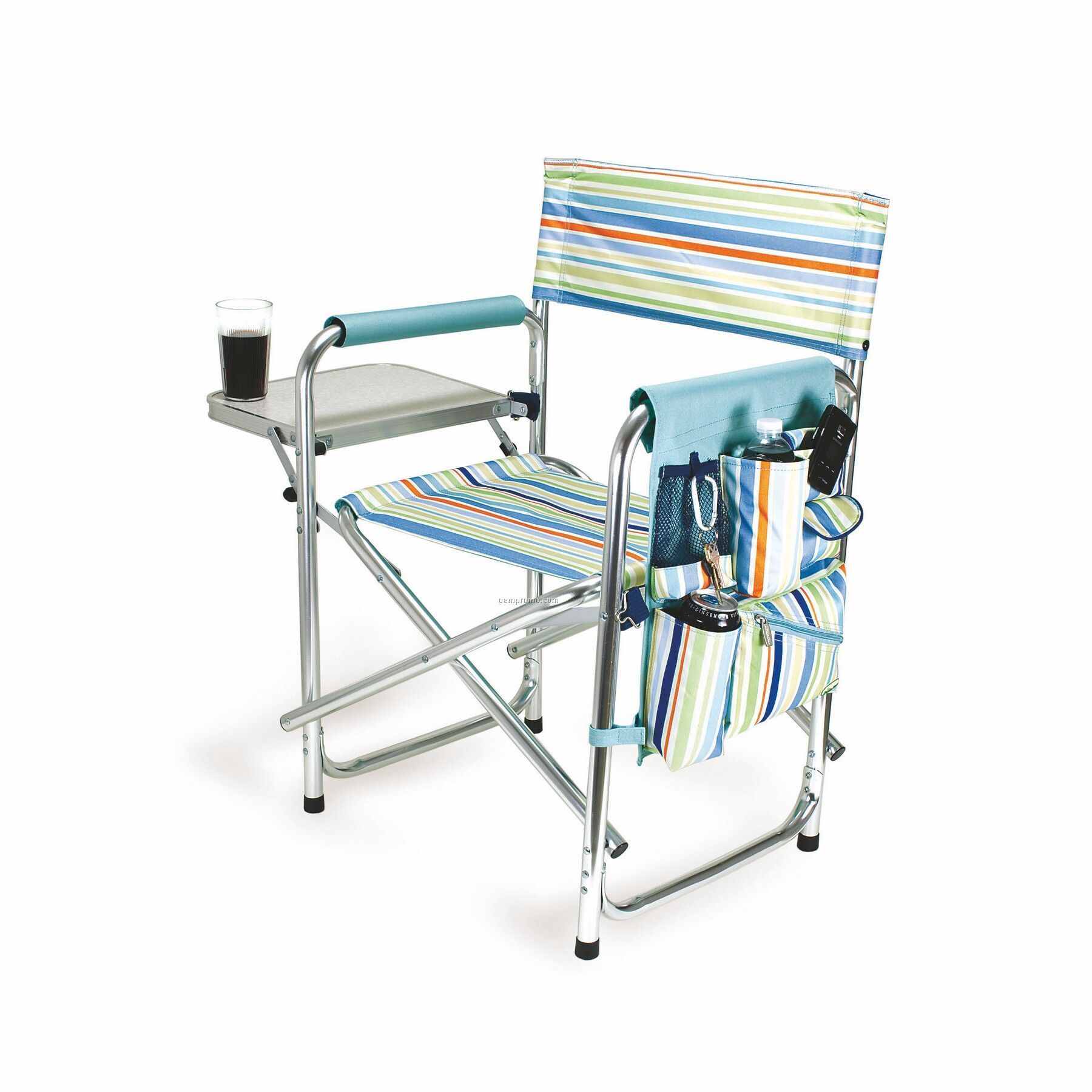 St. Tropez Striped Folding Sports Chair W/ Side Table (Aqua Stripe)