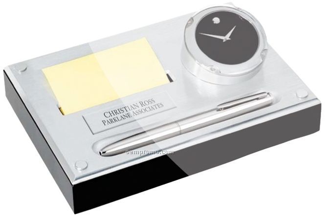 Movado Group Aluminum Desk Set Clock W/ Note Dispenser