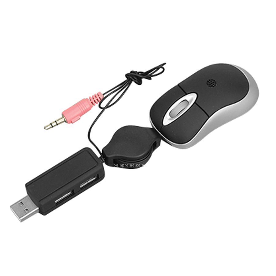 3-in-1 Super Mini Optical USB Mouse With 2 USB Ports & Microphone