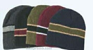 Acrylic Winter Knit Beanie Hat W/ Striped Trim