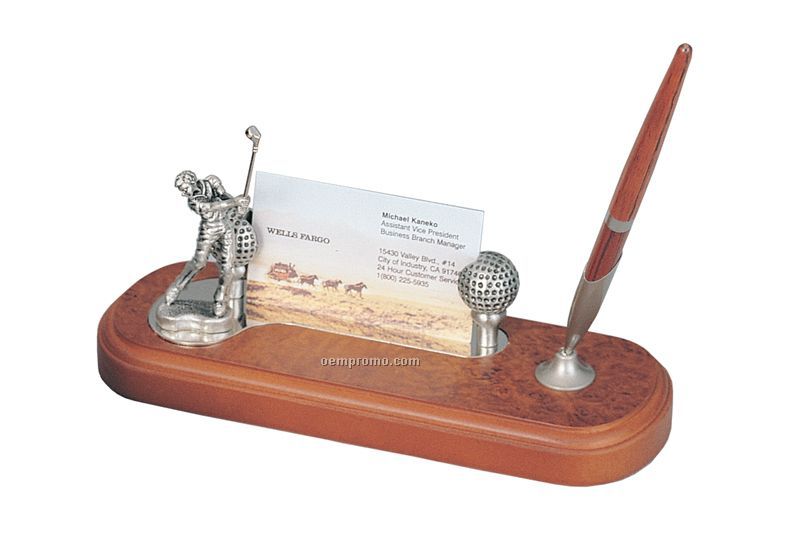 Golfer's Desk Set With Pewter Card Holder & Wood Pen