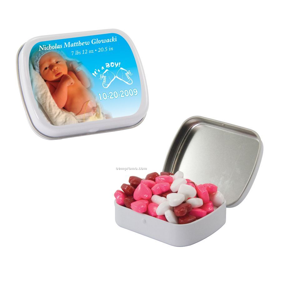 Small White Mint Tin Filled With Candy Hearts