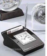 Wood Desk Clock W/ Card Holder & Silver Pen