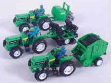 3 Assorted Die Cast Metal Farm Tractor W/ Implement & Driver