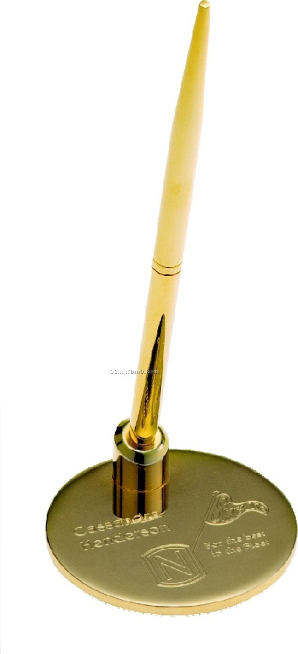 Gold Round Metal Pen Stand With 6" Pen